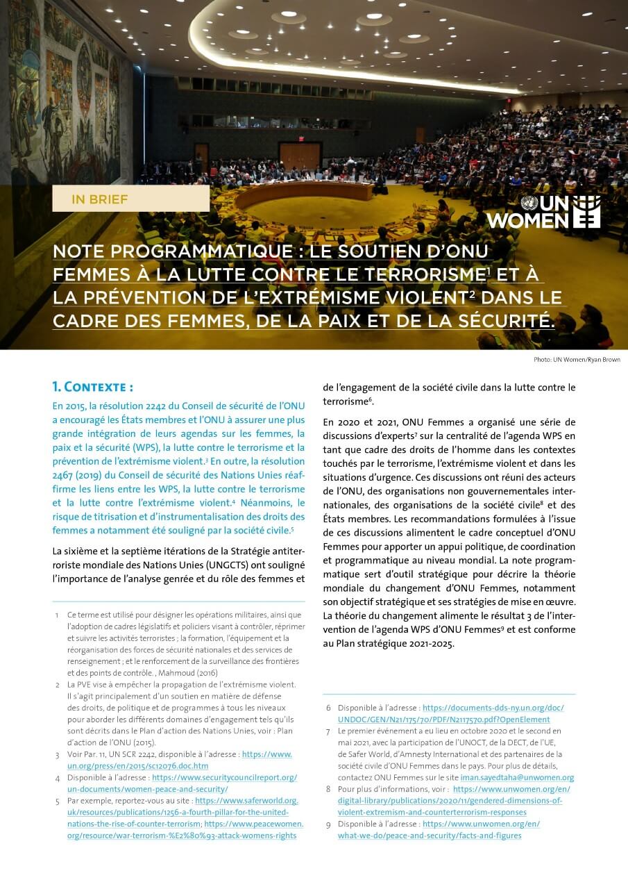 Note programmatique : Le soutien d’onu femmes à la lutte contre le terrorisme et à la prévention de l’extrémisme violent dans le cadre des femmes, de la paix et de la sécurité