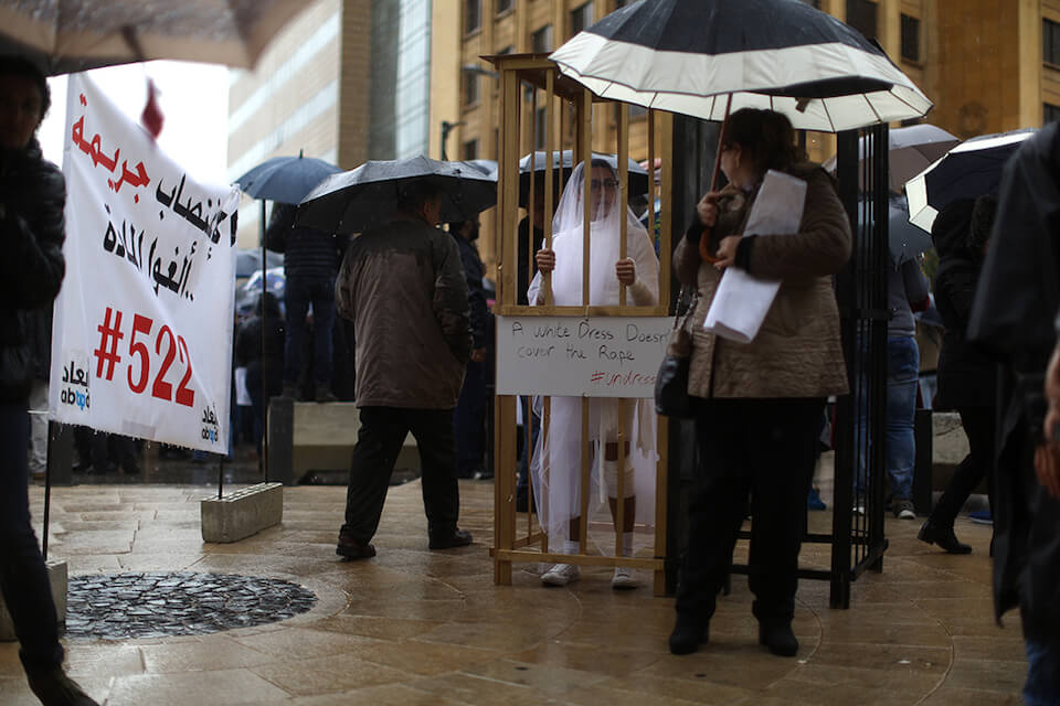 In Lebanon in 2017,  the successful campaign to repeal article 522 made use of striking visuals of women wearing bandages as wedding dresses. Article 522 had given immunity to rapists if they married their victims. Photo Courtesy of ABAAD/Patrick Baz