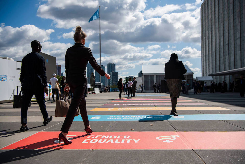 The SDG 5 Gender Equality logo is seen outside UN Headquarters during the opening of the 74th General Debate at the United Nations headquarters in New York. Photo: UN Women/Amanda Voisard