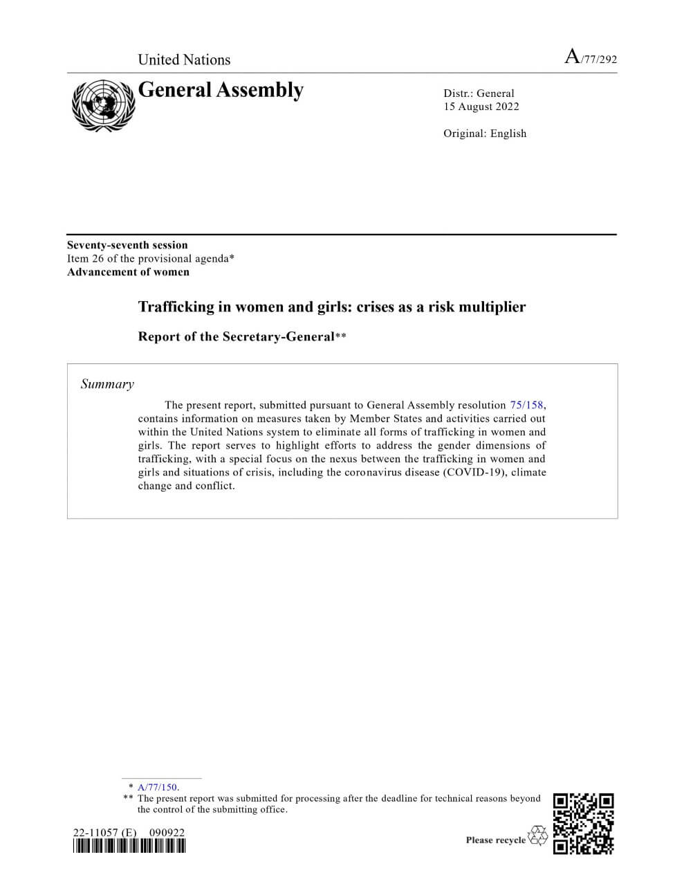 Trafficking in women and girls: Report of the Secretary-General (2022)