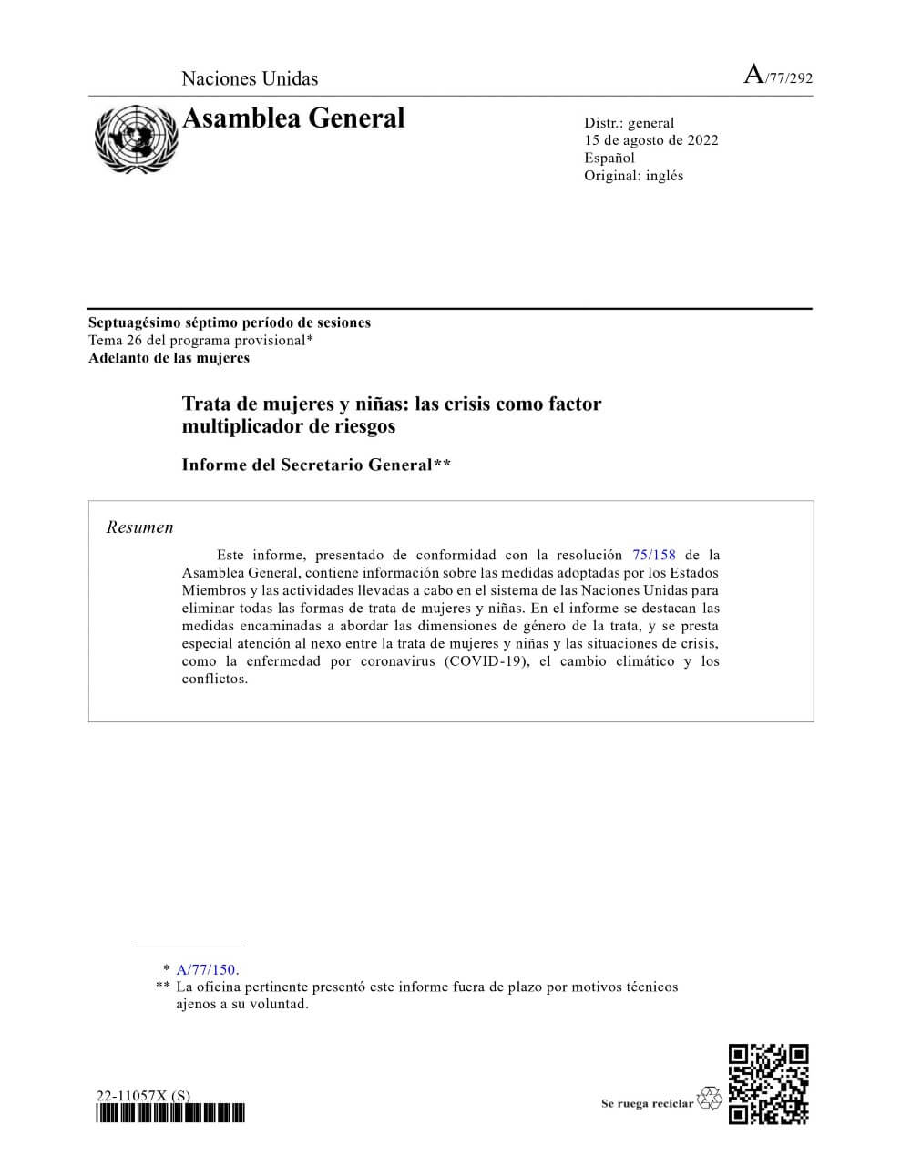 Trata de mujeres y niñas: las crisis como factor multiplicador de riesgos: Informe del Secretario General (2022)