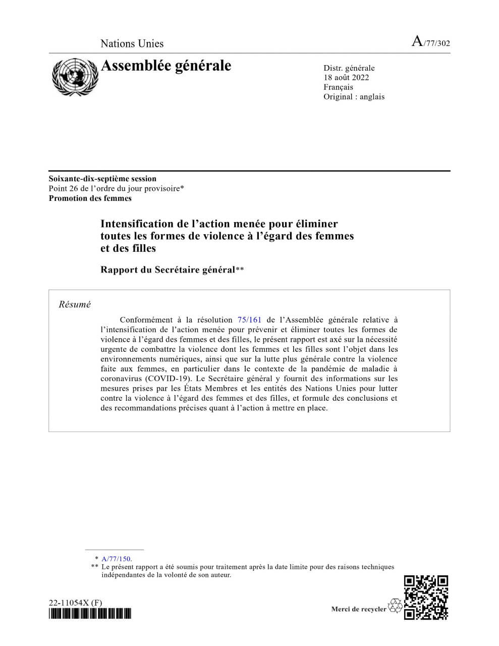 Intensification de l’action menée pour éliminer toutes les formes de violence à l’égard des femmes et des filles: Rapport du Secrétaire général (2022)