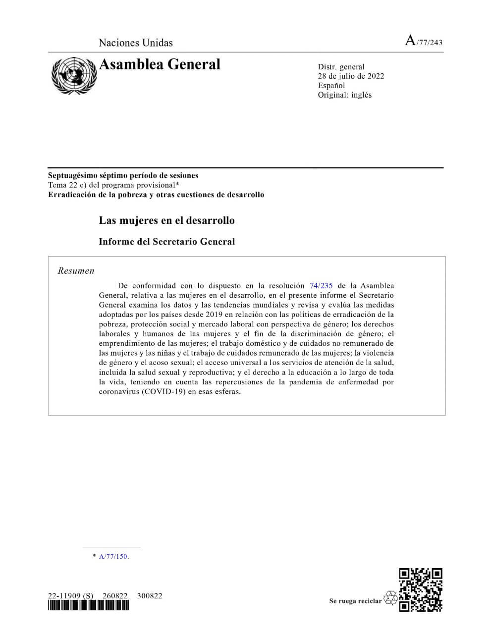 Las mujeres en el desarrollo: Informe del Secretario General (2022)