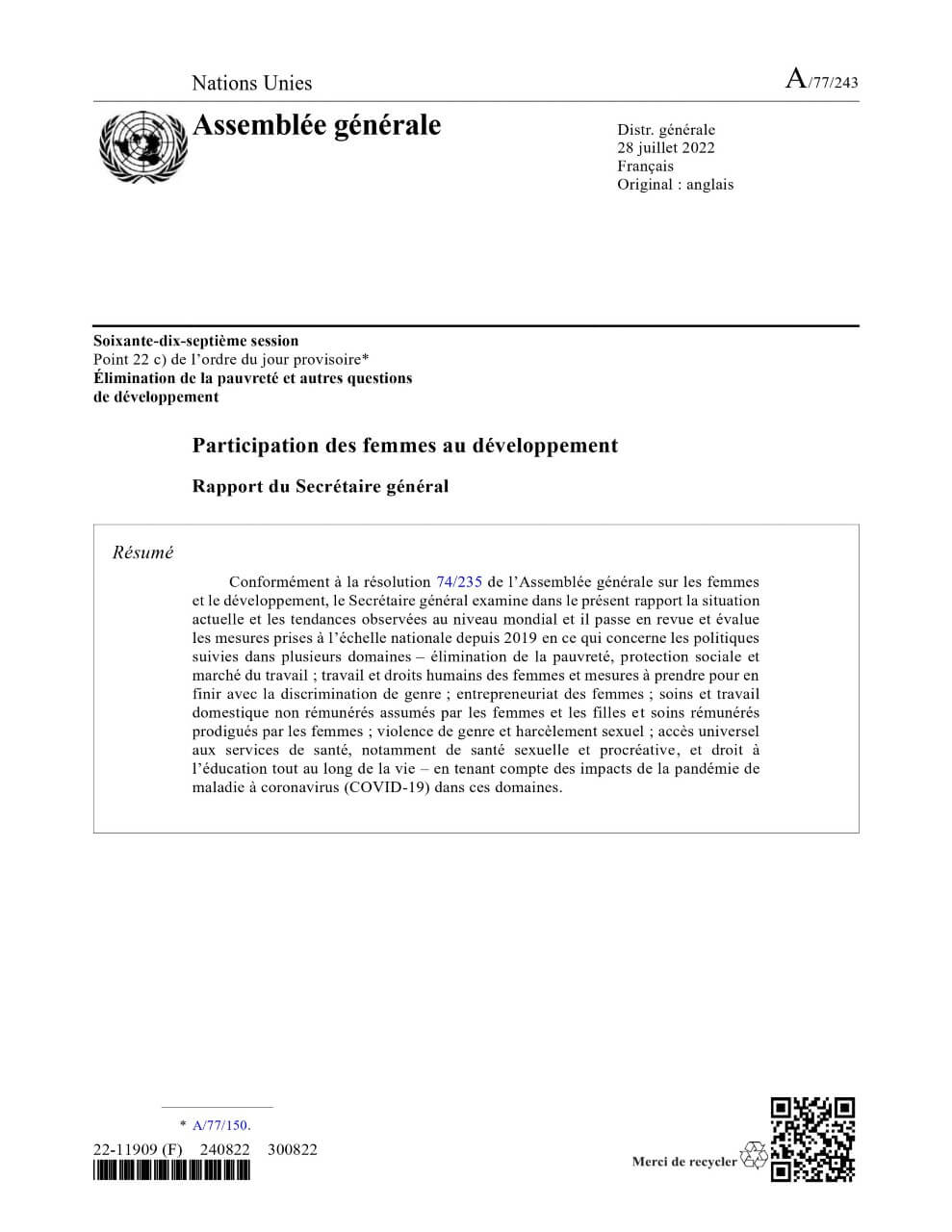 Participation des femmes au développement: Rapport du Secrétaire général (2022)