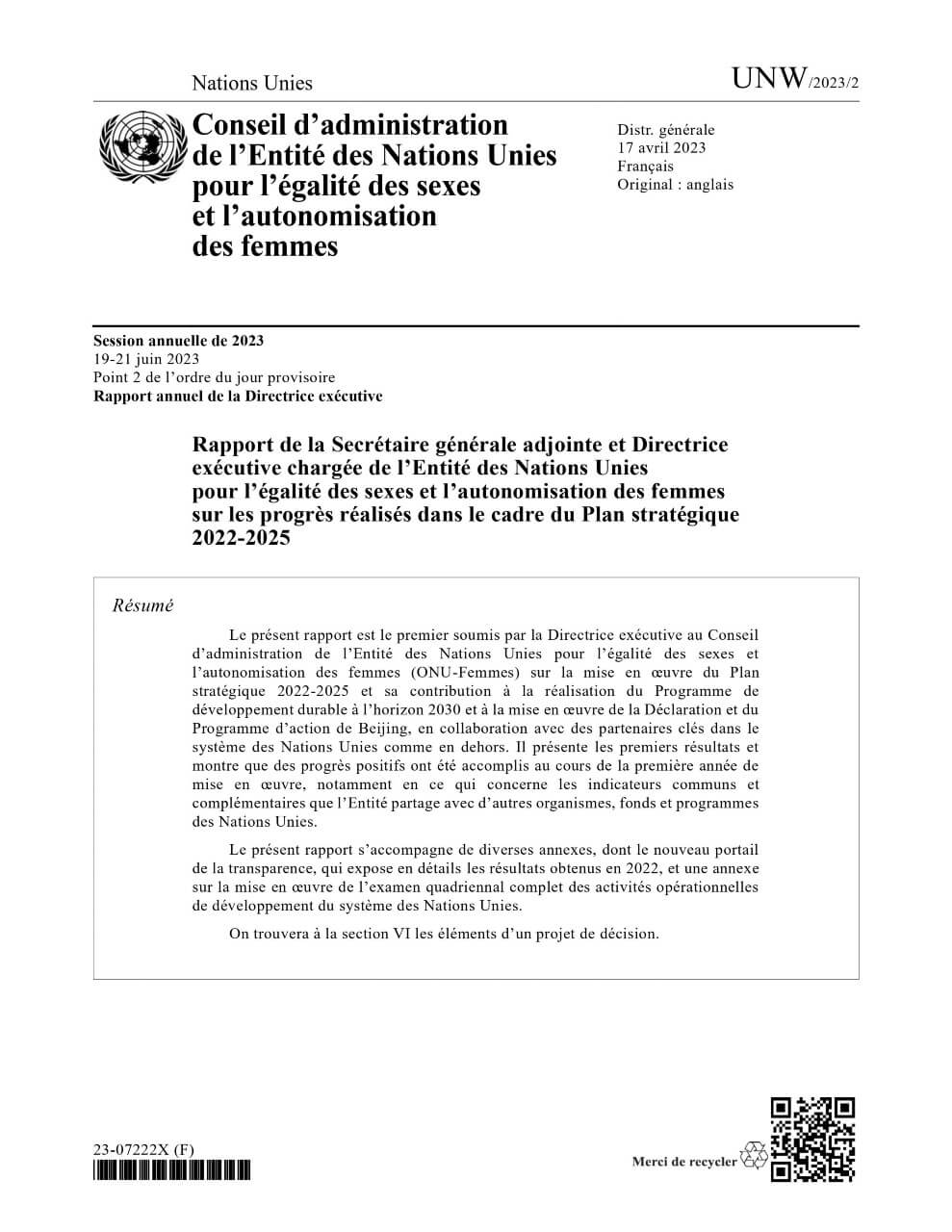 Rapport de la Secrétaire générale adjointe et Directrice exécutive chargée de l’Entité des Nations Unies pour l’égalité des sexes et l’autonomisation des femmes sur les progrès réalisés dans le cadre du Plan stratégique 2022–2025