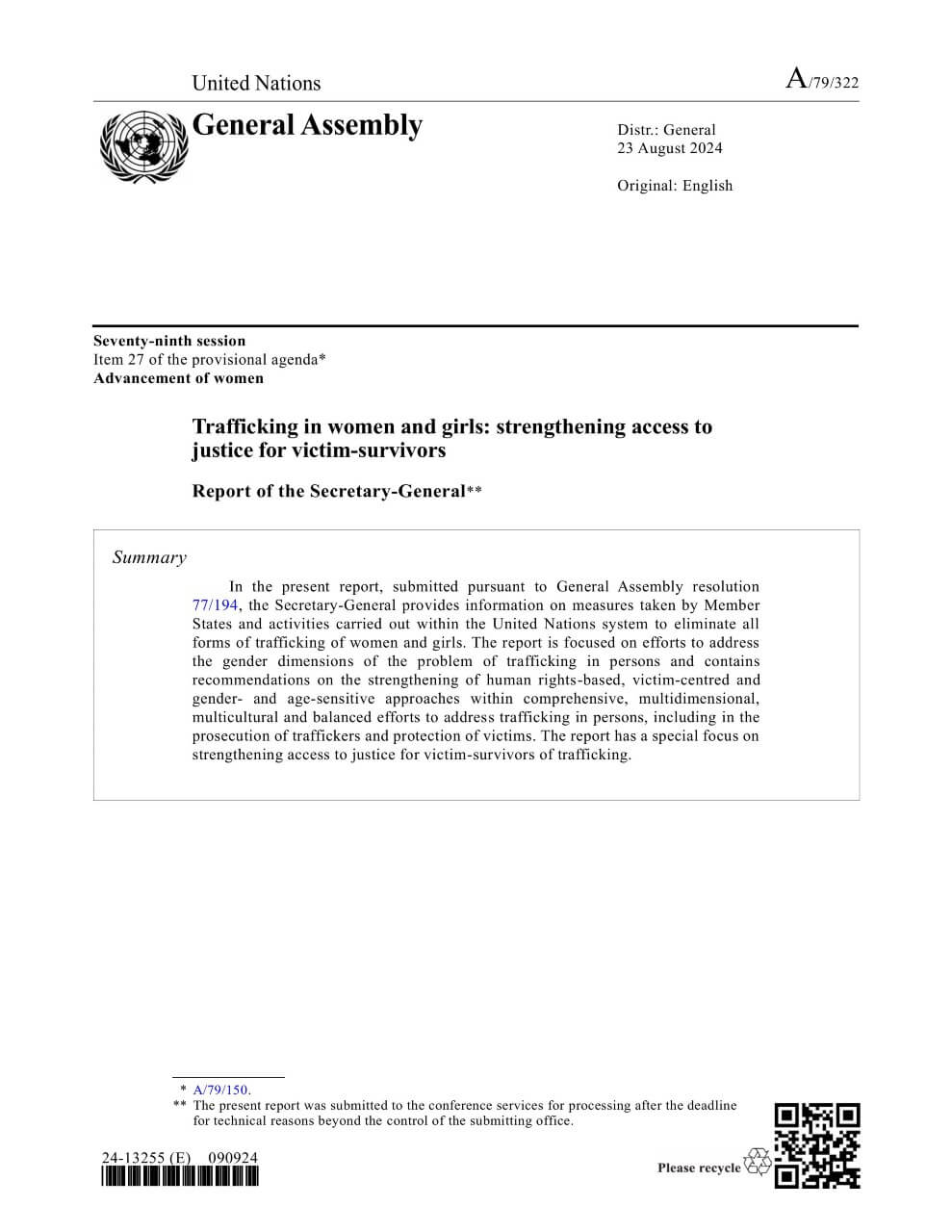 Trafficking in women and girls: Strengthening access to justice for victim–survivors: Report of the Secretary-General (2024)