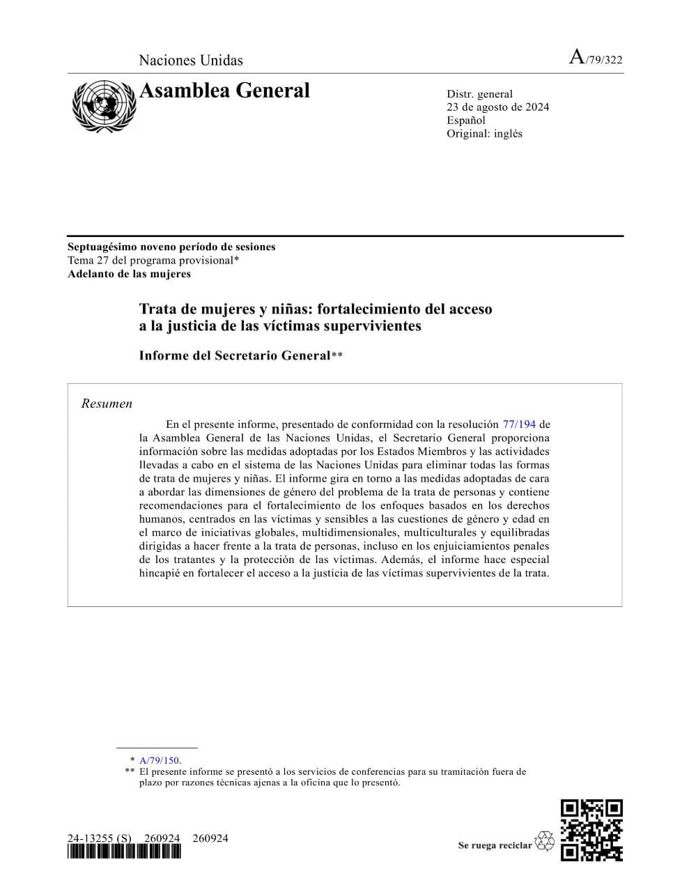 Trata de mujeres y niñas: Fortalecimiento del acceso a la justicia de las víctimas supervivientes: Informe del Secretario General (2024)