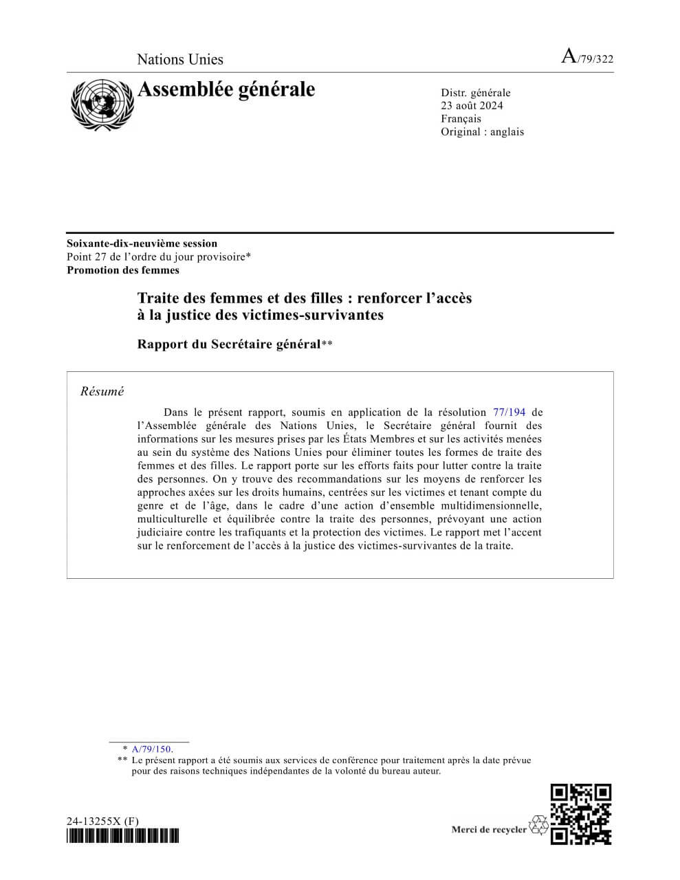 Traite des femmes et des filles : renforcer l’accès à la justice des victimes–survivantes : rapport du Secrétaire général (2024)