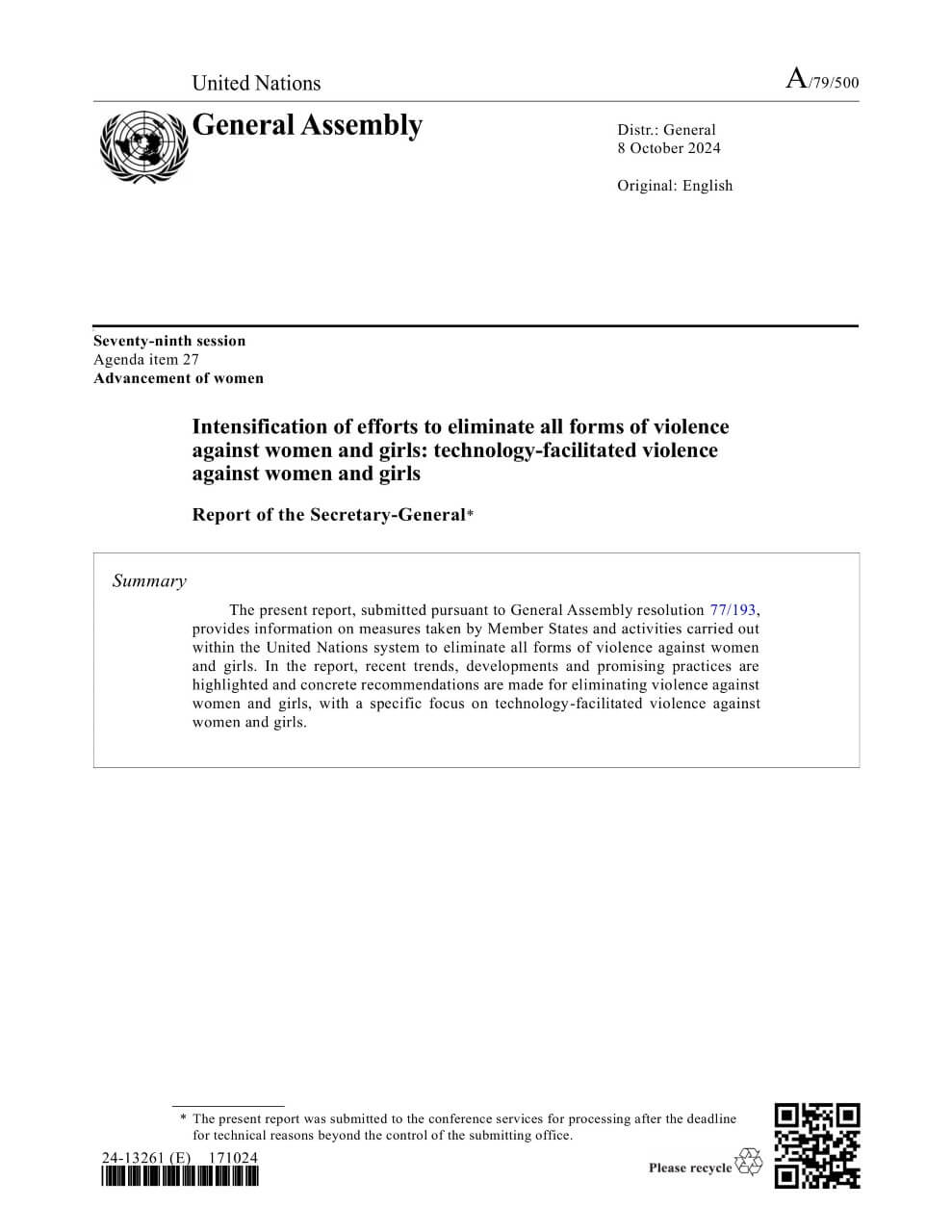 Intensification of efforts to eliminate all forms of violence against women and girls: Technology-facilitated violence against women and girls: Report of the Secretary-General (2024)