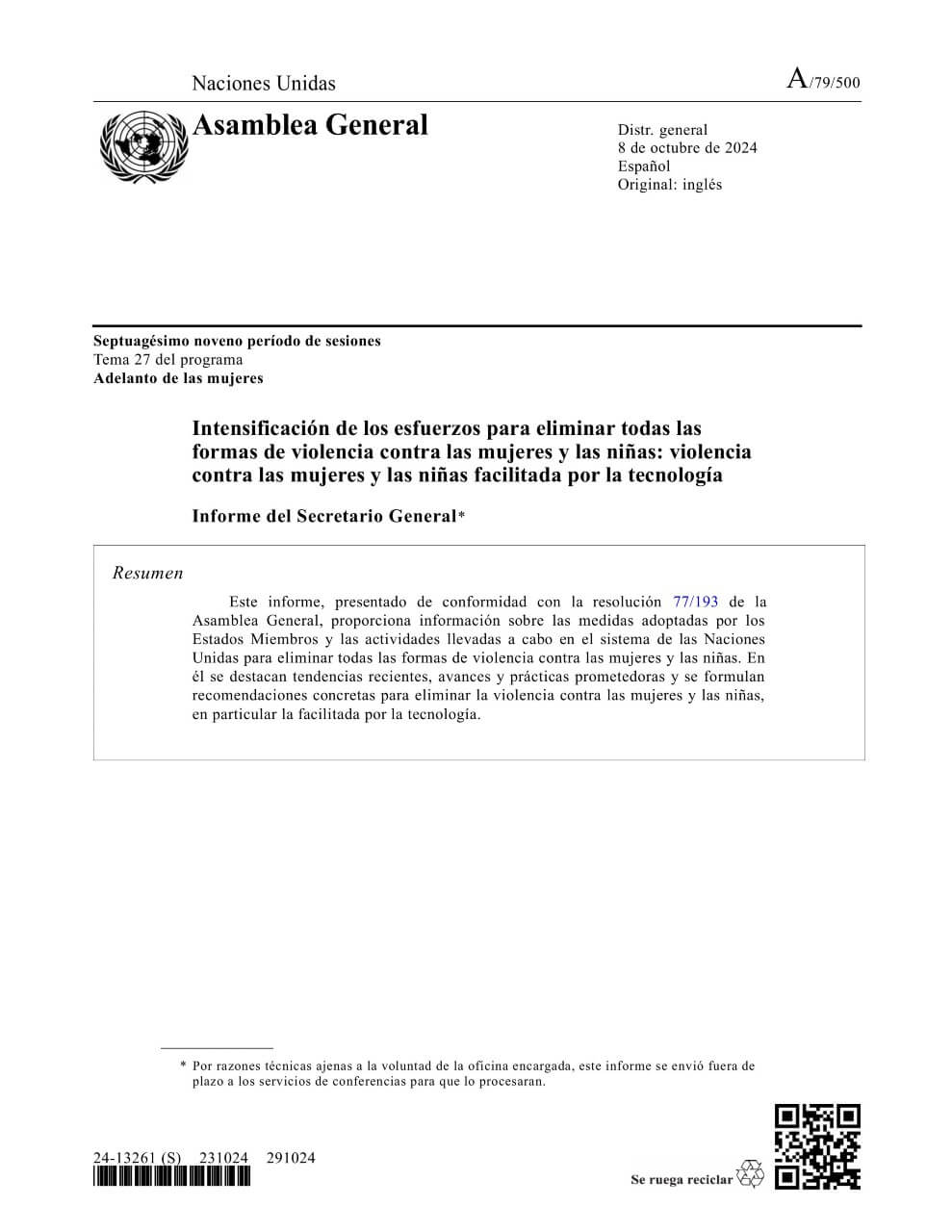 Intensificación de los esfuerzos para eliminar todas las formas de violencia contra las mujeres y las niñas: Violencia contra las mujeres y las niñas facilitada por la tecnología: Informe del Secretario General (2024)