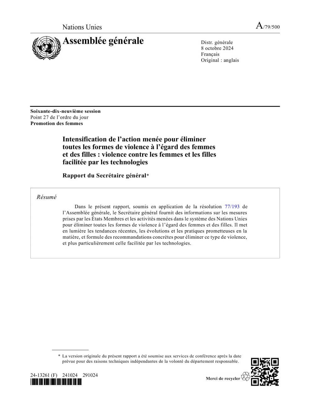 Intensification de l’action menée pour éliminer toutes les formes de violence à l’égard des femmes et des filles : violence contre les femmes et les filles facilitée par les technologies : rapport du Secrétaire général (2024)