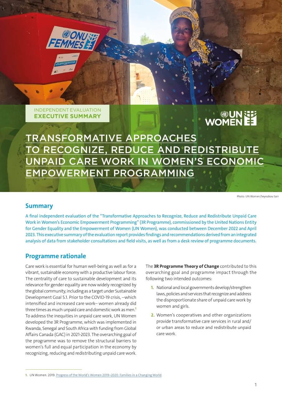 Independent evaluation: Transformative approaches to recognize, reduce and redistribute unpaid care work in women’s economic empowerment programming