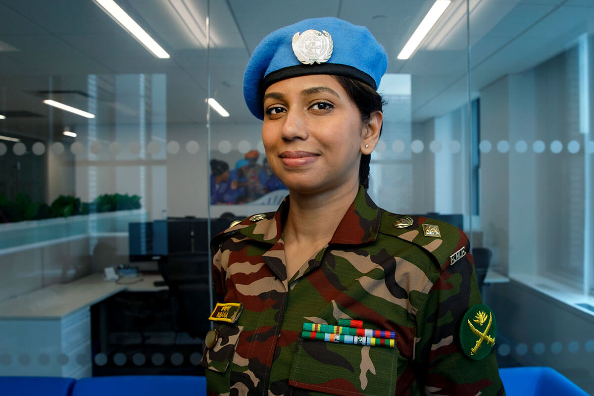 Portrait of peacekeeper Lt. Colonel Rubana Mithila of Bangladesh, taken at UN Women headquarters on 14 May 2024. Photo: UN Women/Ryan Brown.