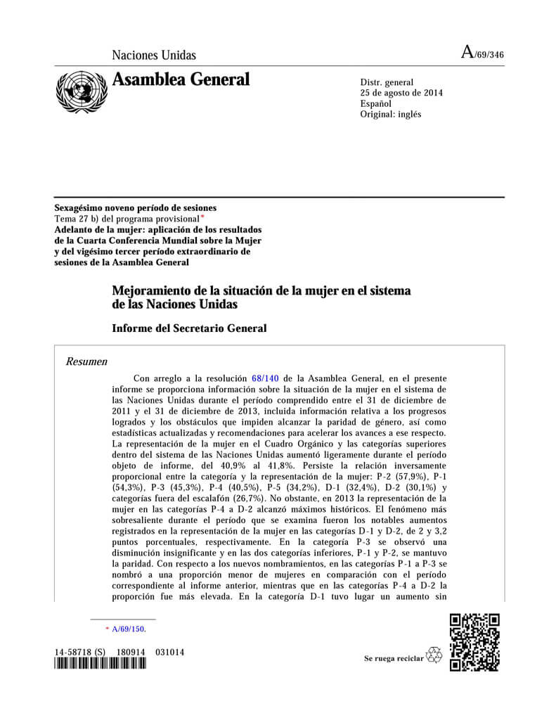 Mejoramiento de la situación de la mujer en el sistema de las Naciones Unidas: Informe del Secretario General (2014)