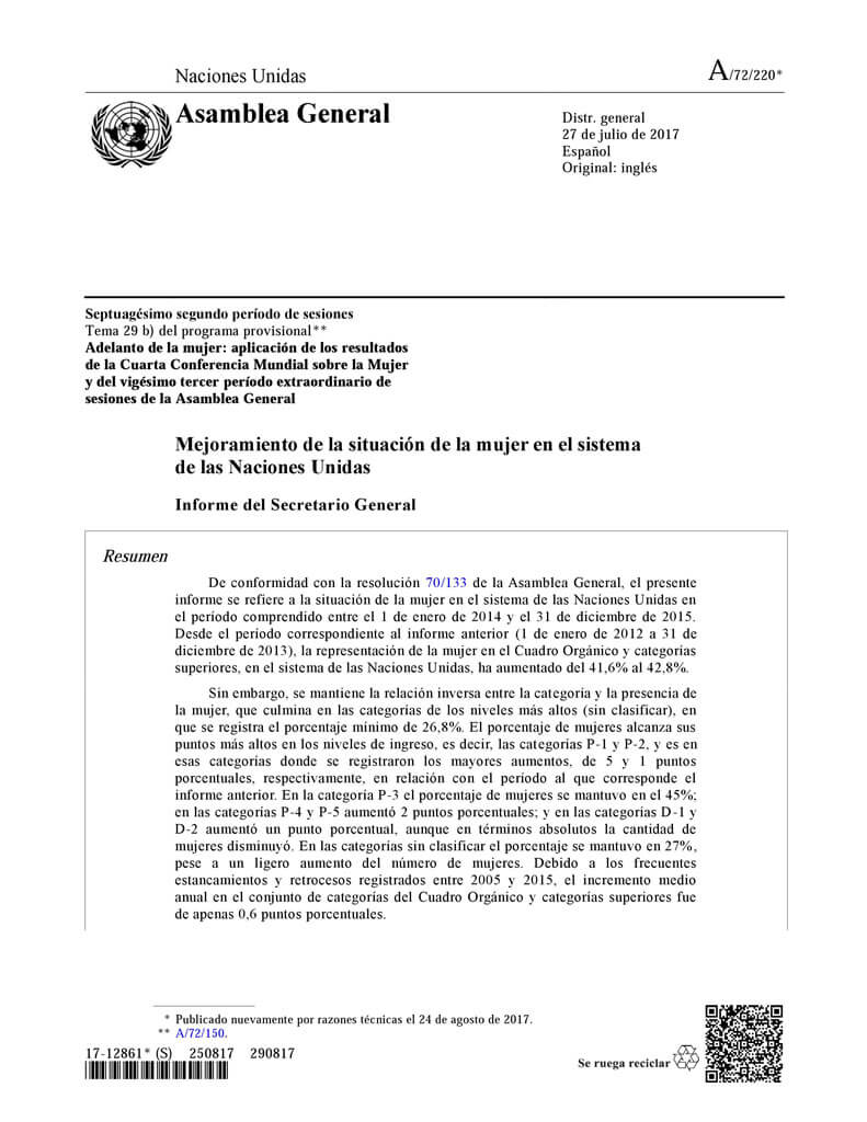 Mejoramiento de la situación de la mujer en el sistema de las Naciones Unidas: Informe del Secretario General (2017)