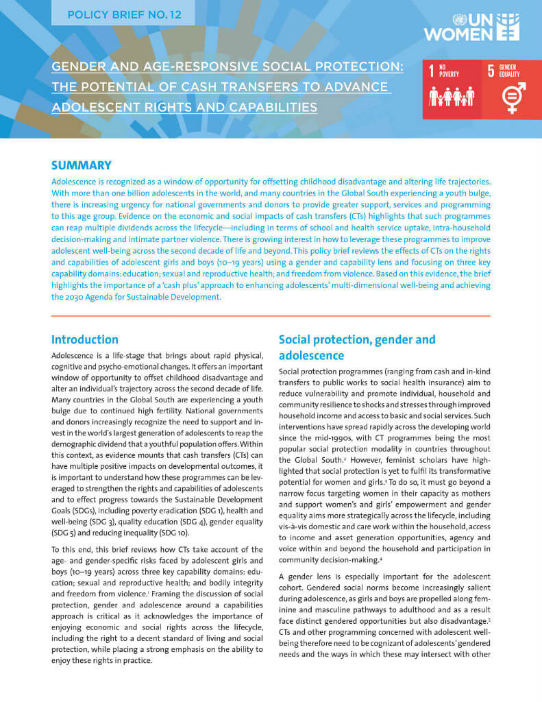 UN-Women-Policy-brief-12-Gender-and-age-responsive-social-protection-cover-en.jpg Gender and age-responsive social protection: The potential of cash transfers to advance adolescent rights and capabilities