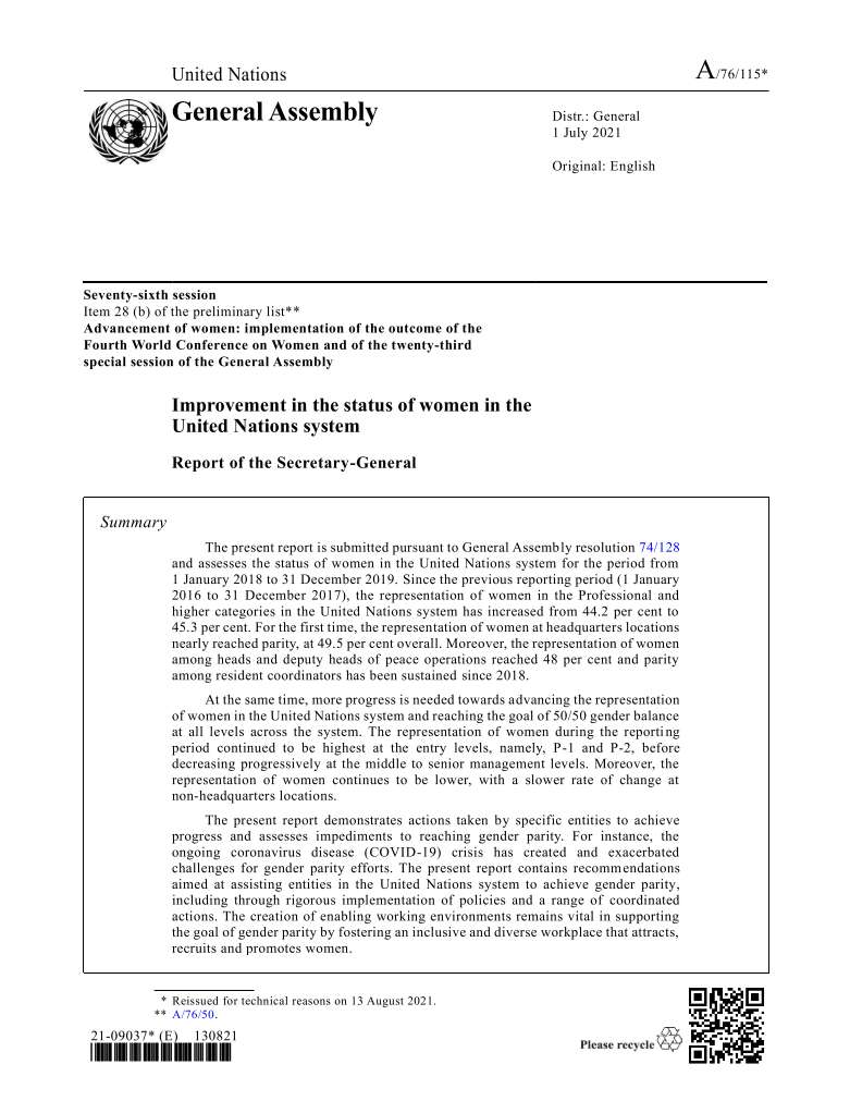 Improvement in the status of women in the United Nations system: Report ...