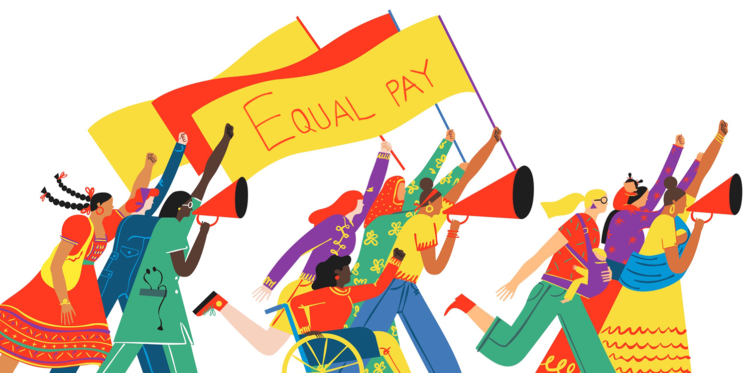 illustration of women waving an equal pay banner