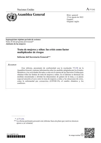 Trata de mujeres y niñas: las crisis como factor multiplicador de riesgos: Informe del Secretario General (2022)