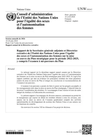 Rapport de la Secrétaire générale adjointe et Directrice exécutive de l’Entité des Nations Unies pour l’égalité des sexes et l’autonomisation des femmes sur la mise en œuvre du Plan stratégique pour la période 2022–2025, y compris l’examen à mi-parcours du Plan Résumé (UNW/2024/2)