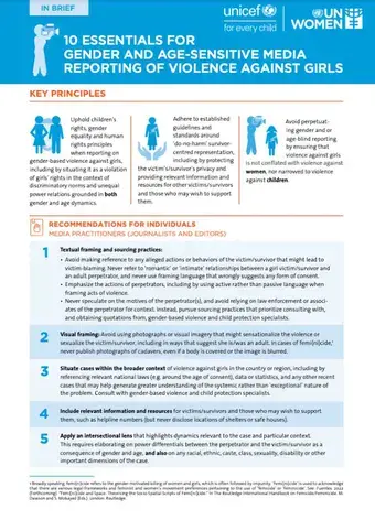 Cover of Ten essentials for gender and age-sensitive media reporting of violence against girls