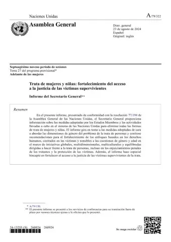 Trata de mujeres y niñas: Fortalecimiento del acceso a la justicia de las víctimas supervivientes: Informe del Secretario General (2024)