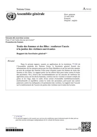 Traite des femmes et des filles : renforcer l’accès à la justice des victimes–survivantes : rapport du Secrétaire général (2024)
