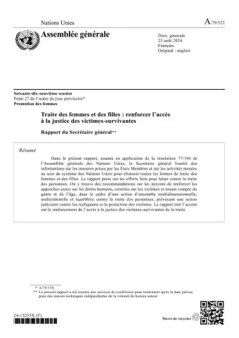 Traite des femmes et des filles : renforcer l’accès à la justice des victimes–survivantes : rapport du Secrétaire général (2024)