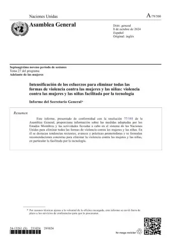 Intensificación de los esfuerzos para eliminar todas las formas de violencia contra las mujeres y las niñas: Violencia contra las mujeres y las niñas facilitada por la tecnología: Informe del Secretario General (2024)