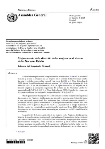 Mejoramiento de la situación de las mujeres en el sistema de las Naciones Unidas: Informe del Secretario General (2025)