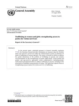 Trafficking in women and girls: Strengthening access to justice for victim–survivors: Report of the Secretary-General (2024)