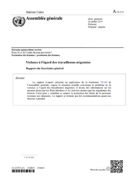 Violence à l’égard des travailleuses migrantes : Rapport du Secrétaire général (2019)