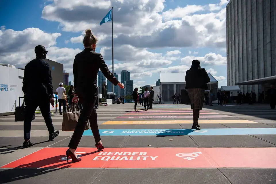 The SDG 5 Gender Equality logo is seen outside UN Headquarters during the opening of the 74th General Debate at the United Nations headquarters in New York. Photo: UN Women/Amanda Voisard