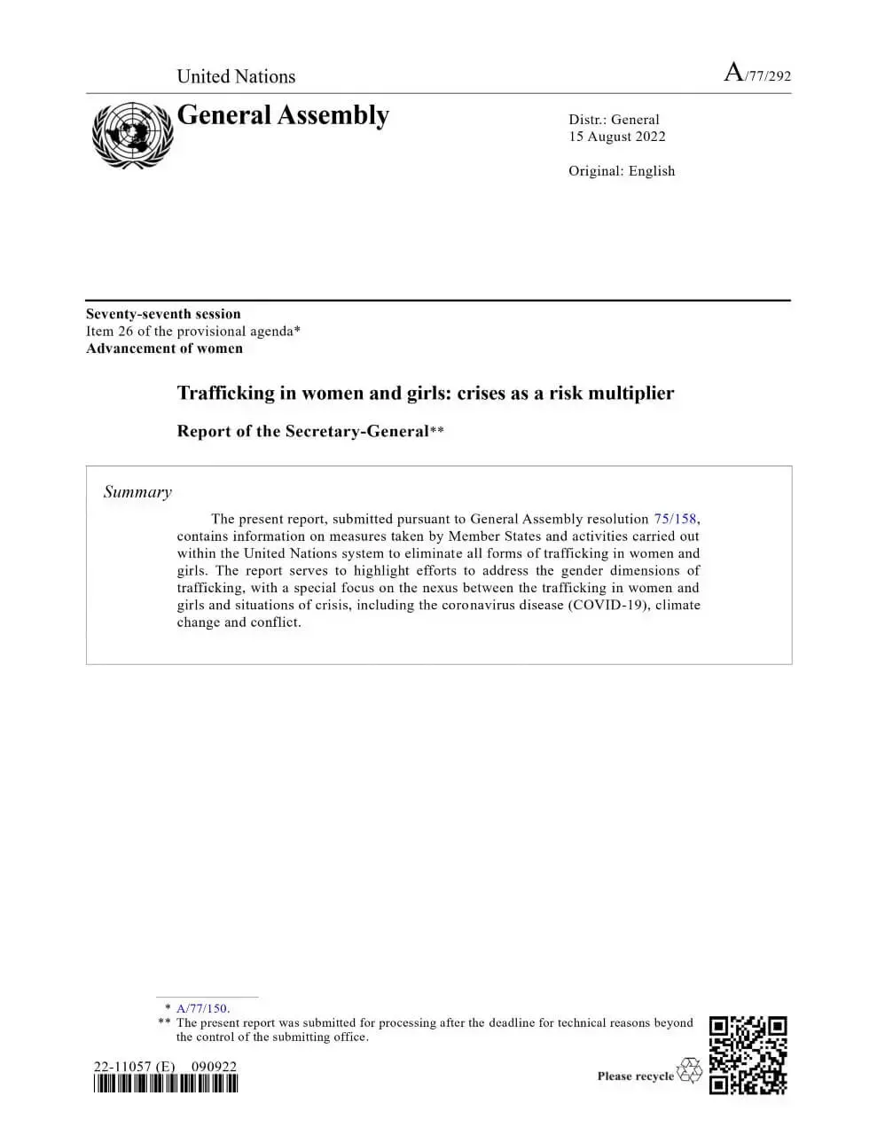 Trafficking in women and girls: Report of the Secretary-General (2022)