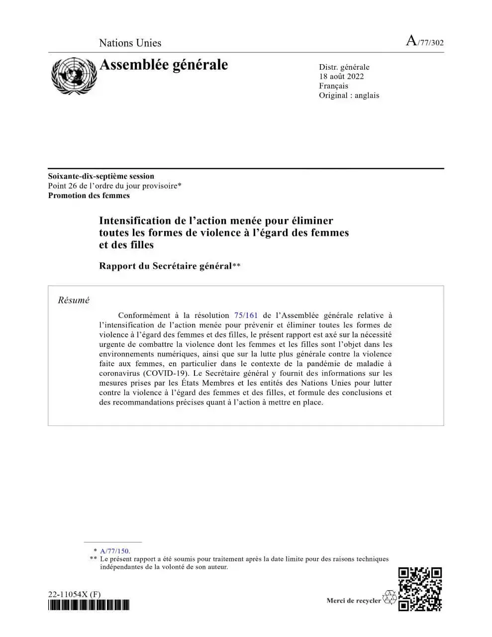 Intensification de l’action menée pour éliminer toutes les formes de violence à l’égard des femmes et des filles: Rapport du Secrétaire général (2022)