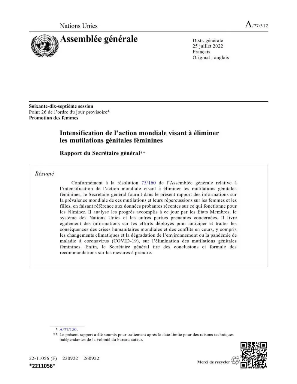 Intensification de l’action mondiale visant à éliminer les mutilations génitales féminines : Rapport du Secrétaire général (2022)