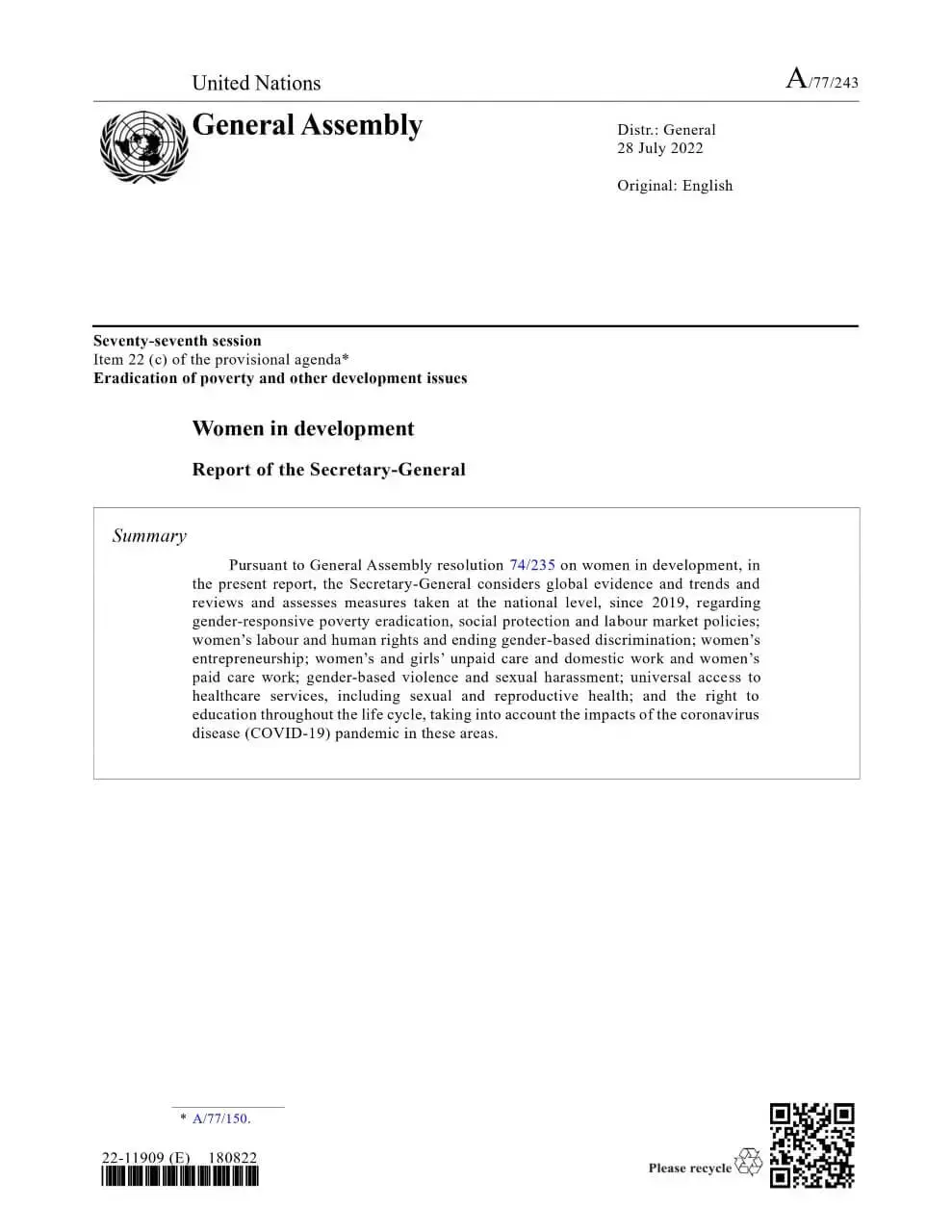 Women in development: Report of the Secretary-General (2022)