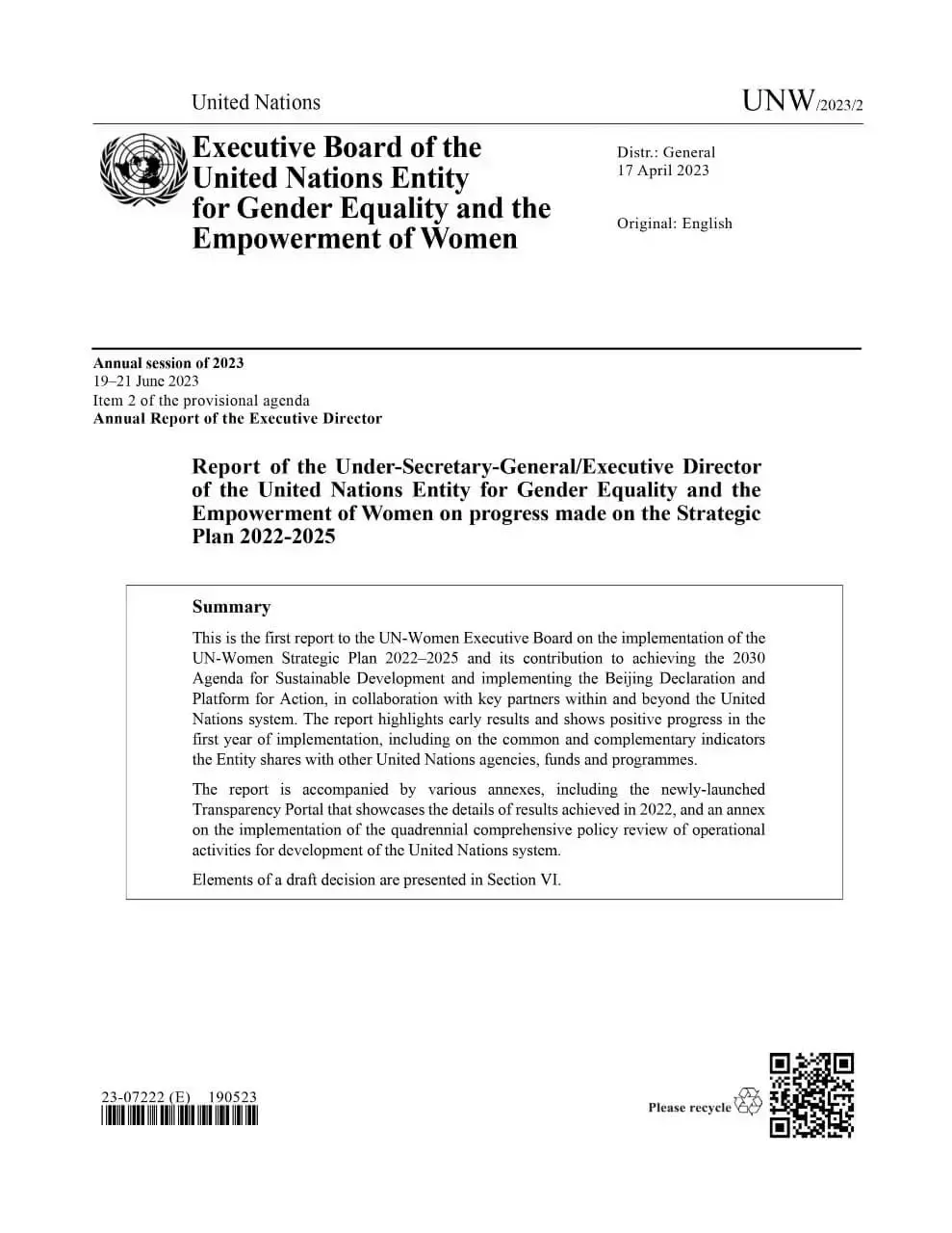 Report of the Under-Secretary-General/Executive Director of the United Nations Entity for Gender Equality and the Empowerment of Women on progress made on the Strategic Plan 2022–2025