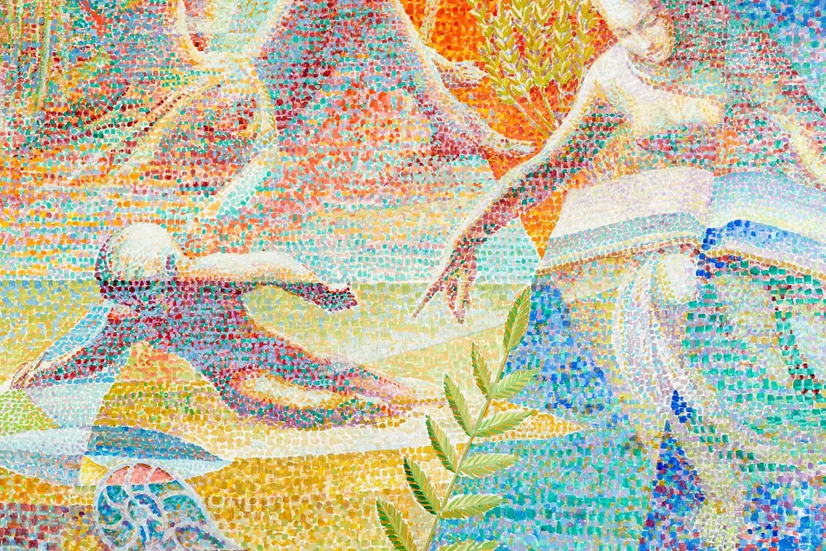 Detalle de la pintura mural Titanes de Lumen Martin Winter instalada en la tercera planta del edificio de la Asamblea General de las Naciones Unidas en Nueva York. Foto: Naciones Unidas/Rick Bajornas
