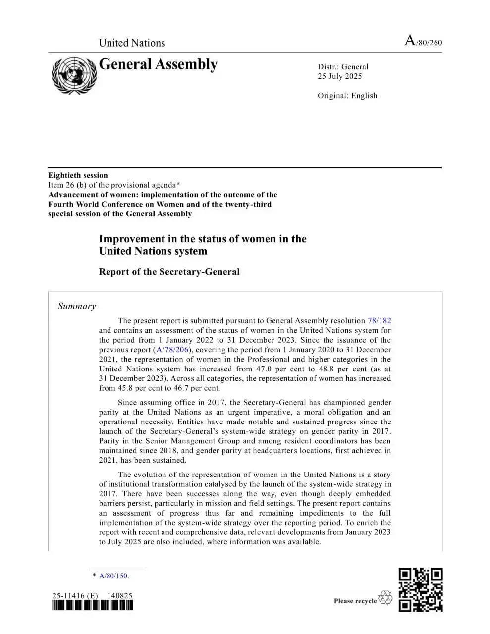 Improvement in the status of women in the United Nations system: Report of the Secretary-General (2025)