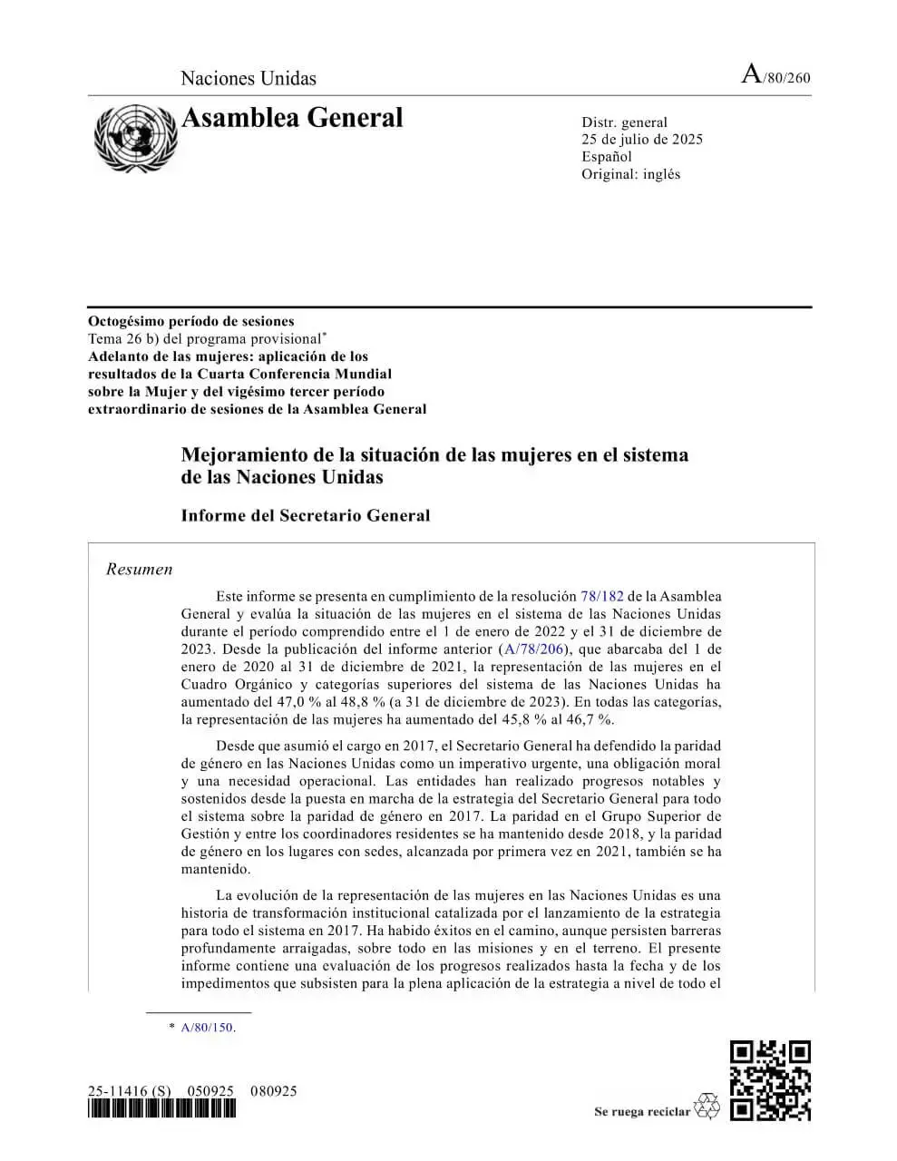 Mejoramiento de la situación de las mujeres en el sistema de las Naciones Unidas: Informe del Secretario General (2025)