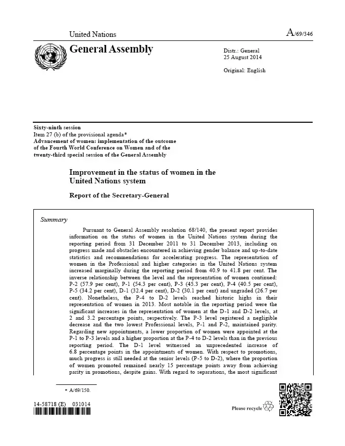 StatusOfWomen-A-69-346-en.gif Improvement in the status of women in the United Nations system: Report of the Secretary-General (2014)