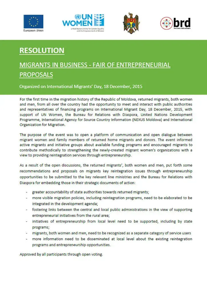 Resolution: migrants in business - fair of entrepreneurial proposals