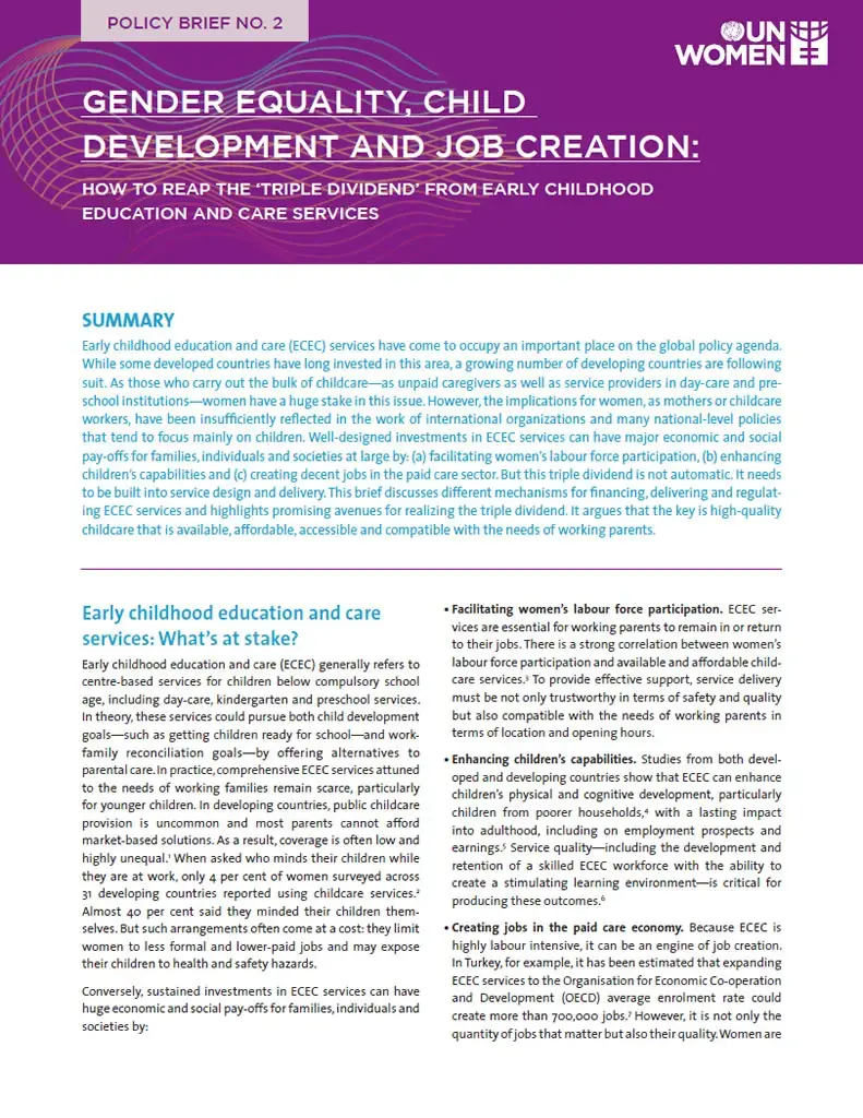 UNwomen-PolicyBrief02-GenderEqualityChildDevelopmentAndJobCreation-en.jpg Gender equality, child development and job creation