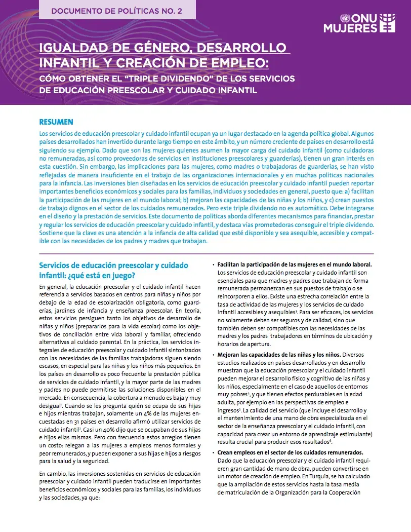 gualdad de genero desarrollo infantil y creacion de puestos de trabajo.png Igualdad de género, desarrollo infantil y creación de puestos de trabajo: Cómo aprovechar el "triple dividendo" de los servicios de educación y cuidados en la primera infancia
