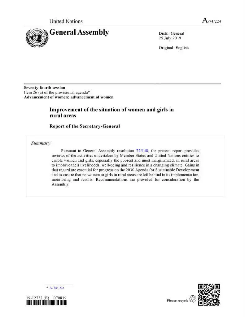 A-74-224-SG-report-Women-and-girls-in-rural-areas-en.jpg Improvement of the situation of women and girls in rural areas: Report of the Secretary-General (2019)