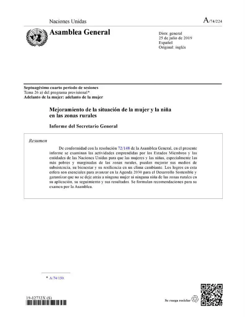 A-74-224-SG-report-Women-and-girls-in-rural-areas-es.jpg Mejoramiento de la situación de la mujer y la niña en las zonas rurales: Informe del Secretario General (2019)
