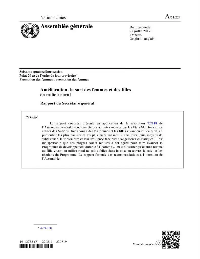 A-74-224-SG-report-Women-and-girls-in-rural-areas-fr.jpg Amélioration du sort des femmes et des filles en milieu rural : Rapport du Secrétaire général (2019)