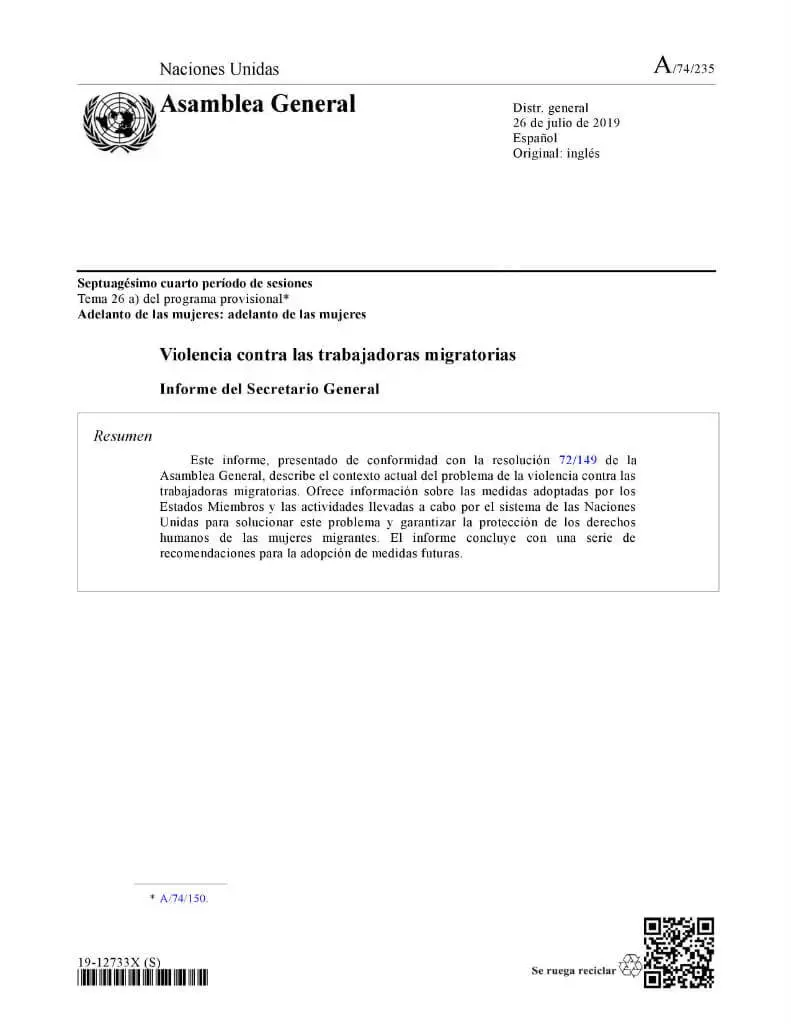 A-74-235-SG-report-Violence-against-women-migrant-workers-es.jpg Violencia contra las trabajadoras migratorias: Informe del Secretario General (2019)