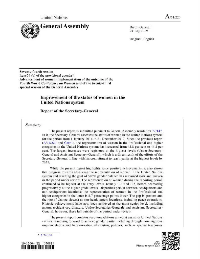 Status-of-women-2019-cover-en.jpg Improvement in the status of women in the United Nations system: Report of the Secretary-General (2019)